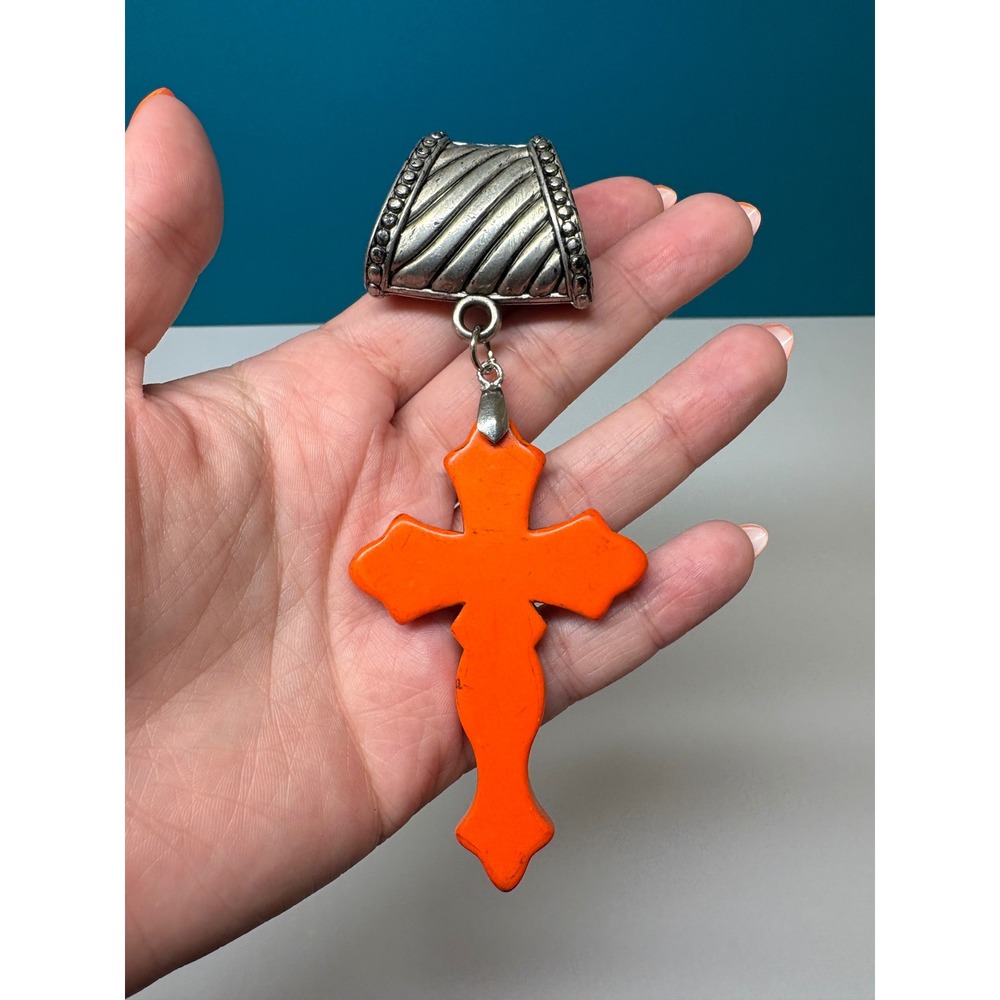 Orange Cross Pendant Oversized Silver Tone Textured Bail Southwestern